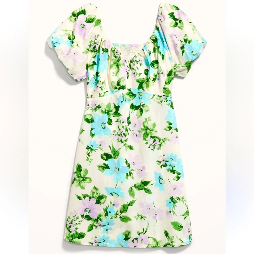 NWT Old‎ Navy Womens Ivory Green Purple Floral Puff Sleeve Mini Dress MEDIUM - Picture 2 of 14